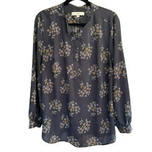 Loft Women's Plus Size Navy Floral Tunic Style Blouse 16 Crew Neck Long Sleeve